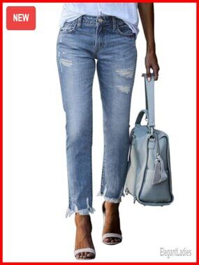 High Waisted Tummy Control Ripped Straight Leg Jeans for Women Stretch Denim